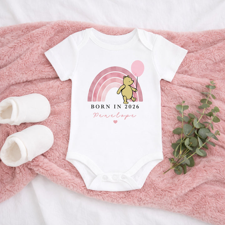 Personalised Pink Pooh Born in 2026 Baby Grow, Vest or Bib