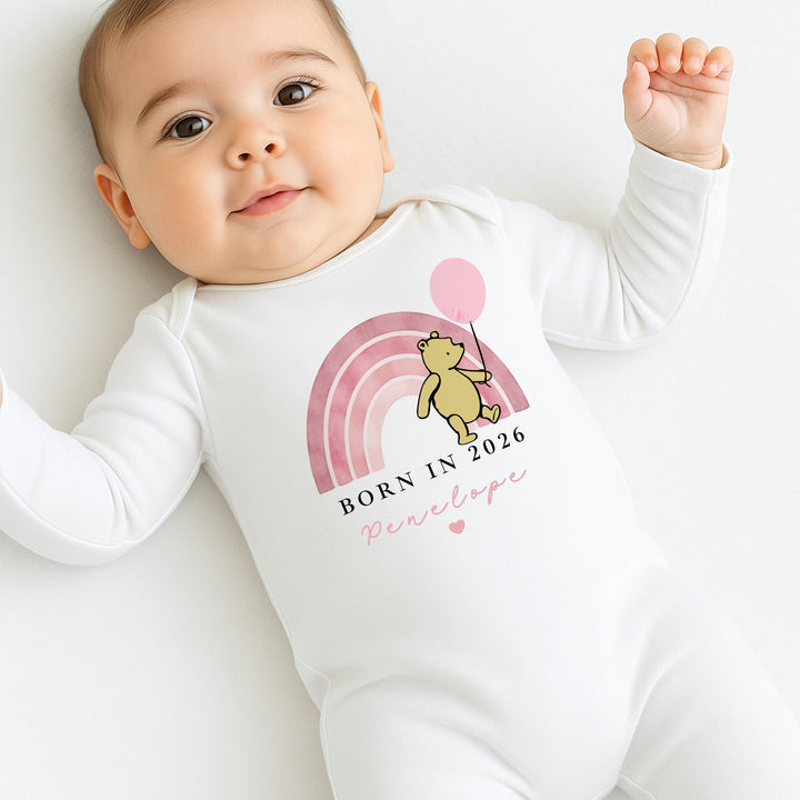 Personalised Pink Pooh Born in 2026 Baby Grow, Vest or Bib
