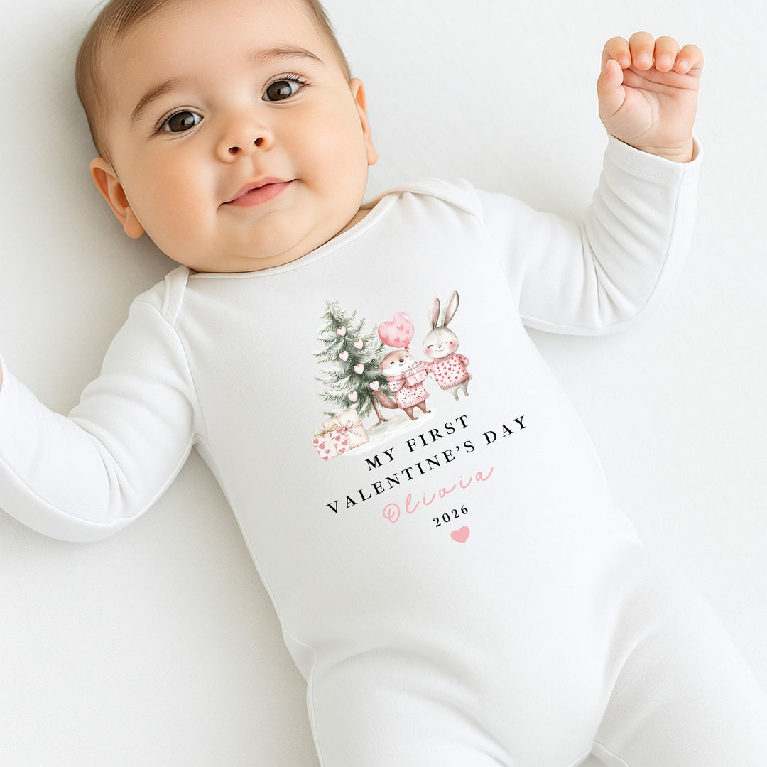 Personalised Pink Woodlands My First Valentines Day Baby Grow, Vest or Bib