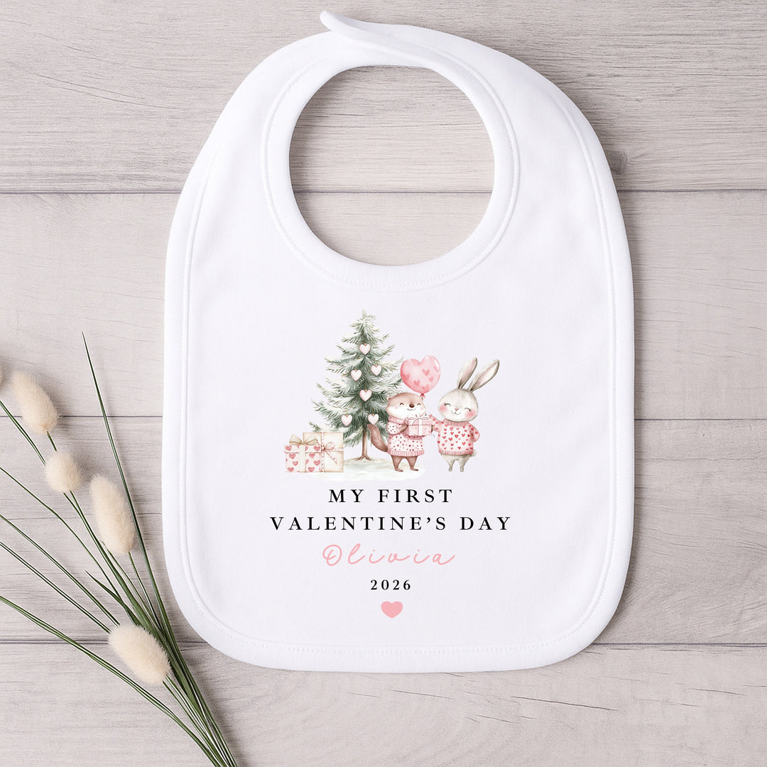 Personalised Pink Woodlands My First Valentines Day Baby Grow, Vest or Bib