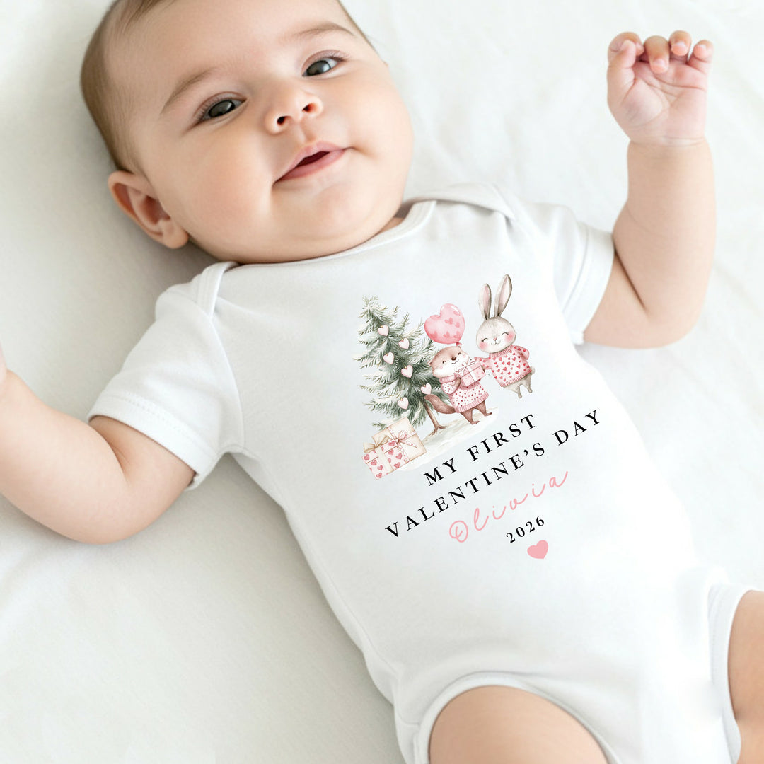 Personalised Pink Woodlands My First Valentines Day Baby Grow, Vest or Bib
