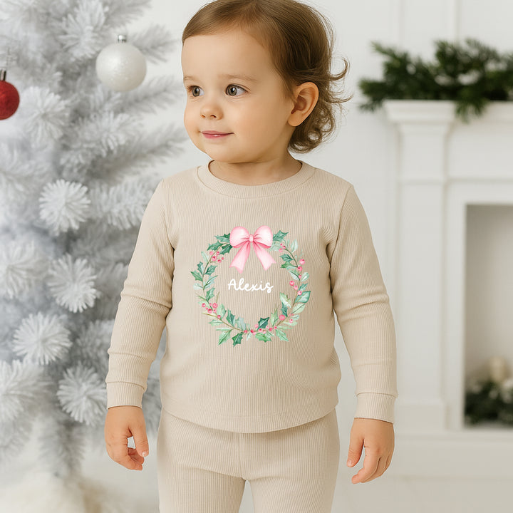 Personalised Pink Wreath Christmas Ribbed Loungewear
