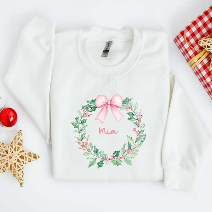 Personalised Kids Pink Wreath Christmas Jumper
