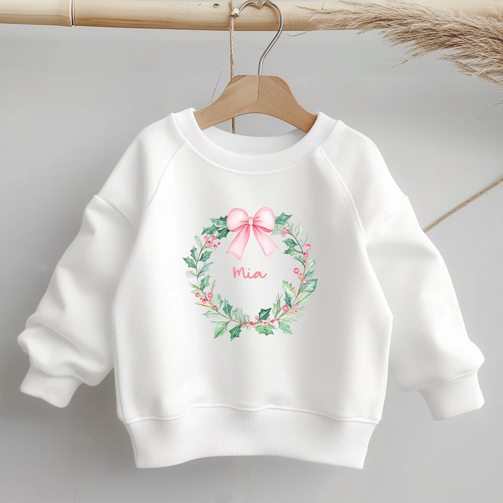 Personalised Kids Pink Wreath Christmas Jumper