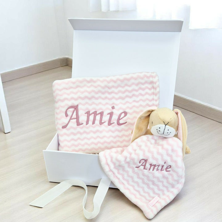 Girls Pink Stripes Bunny & Blanket Personalised Gift Hamper Set