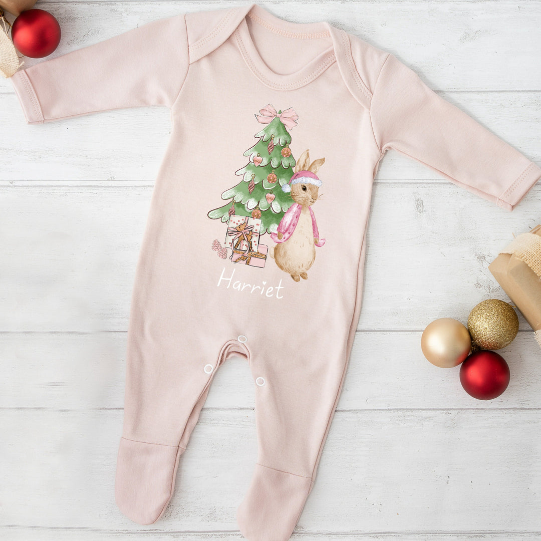 Personalised Pink Rabbit Christmas Pink Babygrow and optional Headband