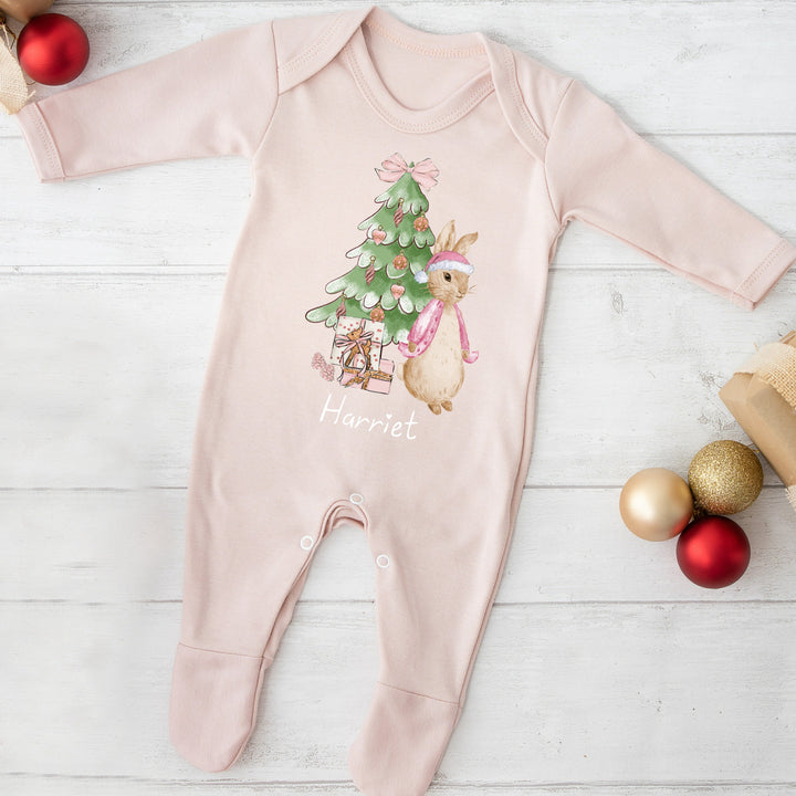 Personalised Pink Rabbit Christmas Pink Babygrow and optional Headband