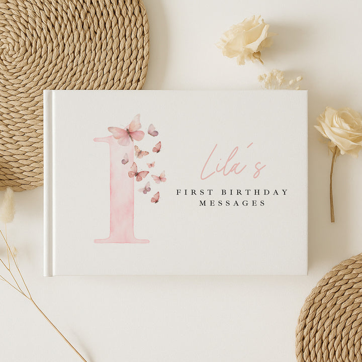 Personalised Pink Butterfly First Birthday Guest Book