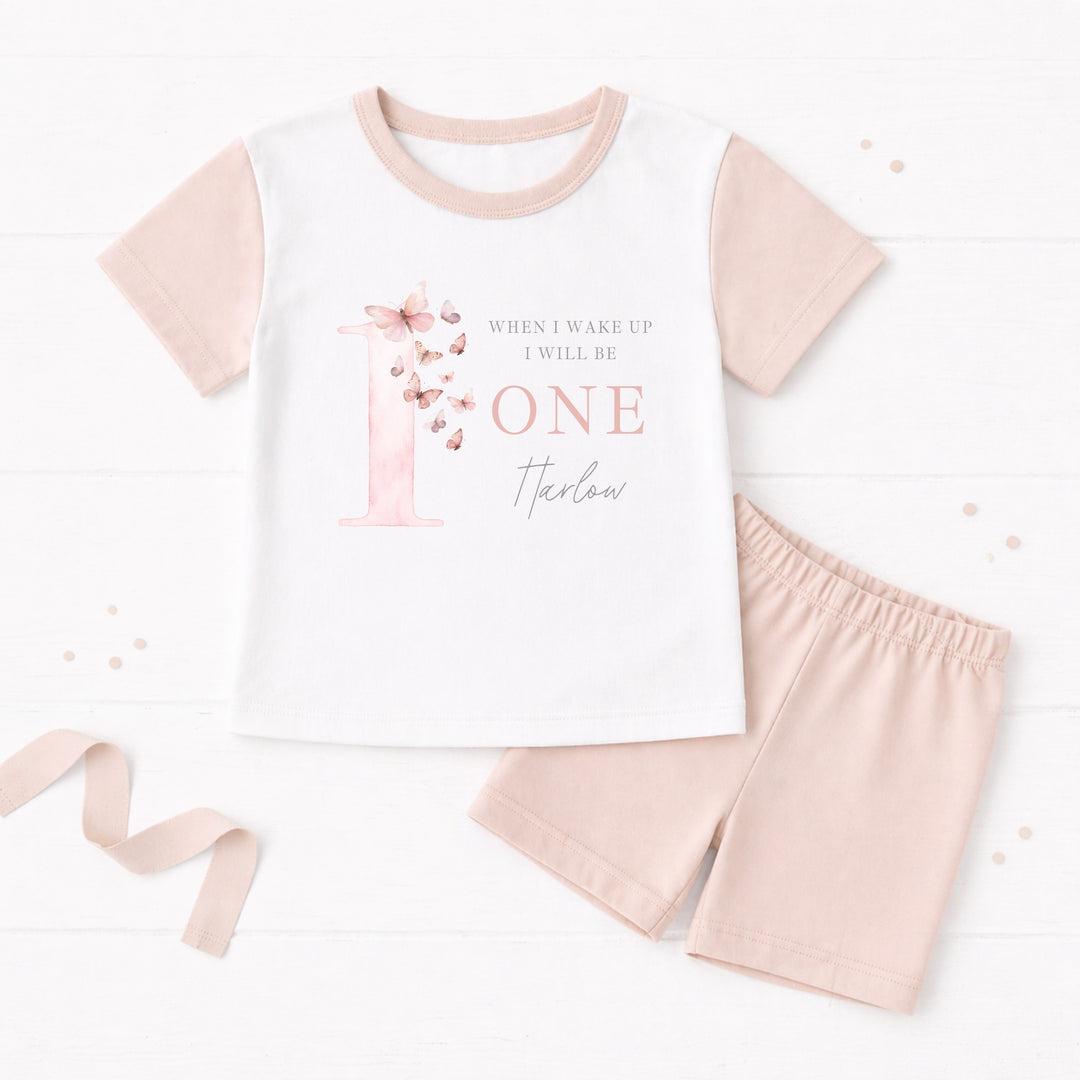 Personalised Pink Butterfly First Birthday Short Sleeve Pyjamas