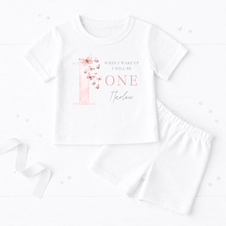 Personalised Pink Butterfly First Birthday Short Sleeve Pyjamas