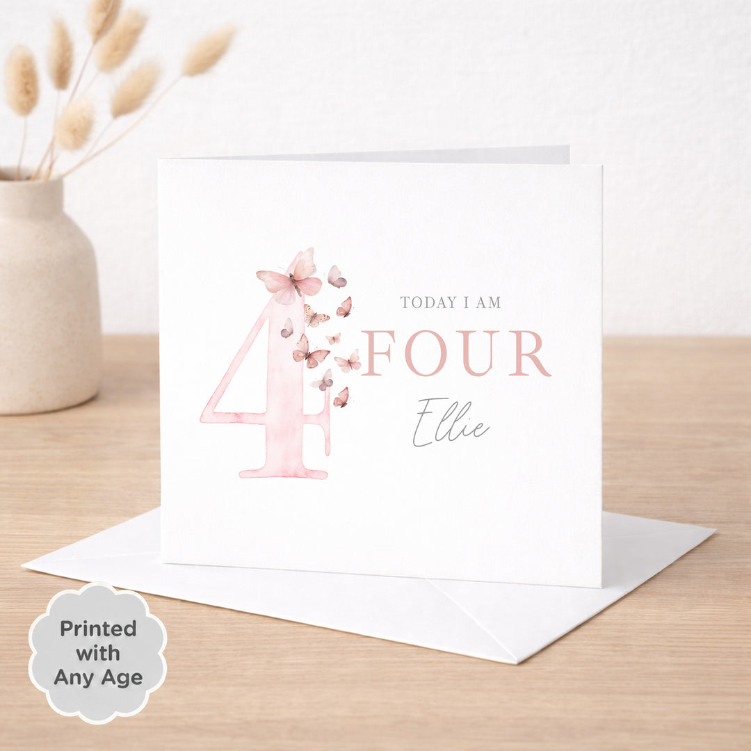 Personalised Pink Butterfly Any Age Birthday Card