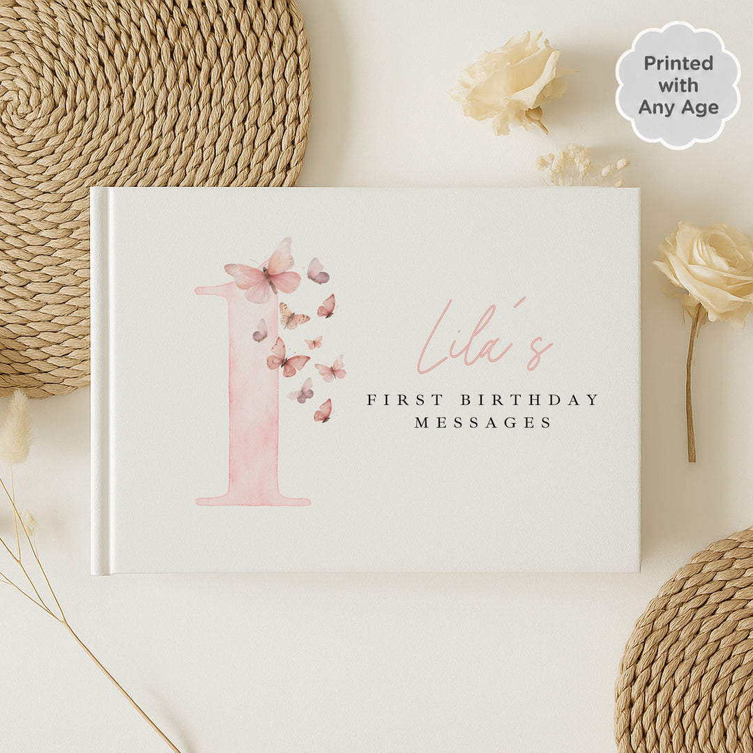 Personalised Pink Butterfly Any Age Birthday Guest Book