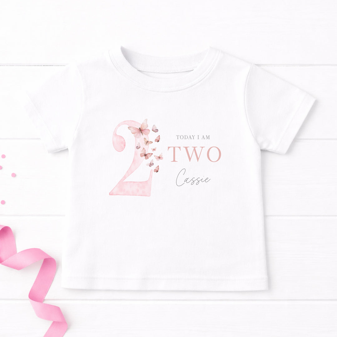 Personalised Pink Butterfly Any Age Birthday T-Shirt
