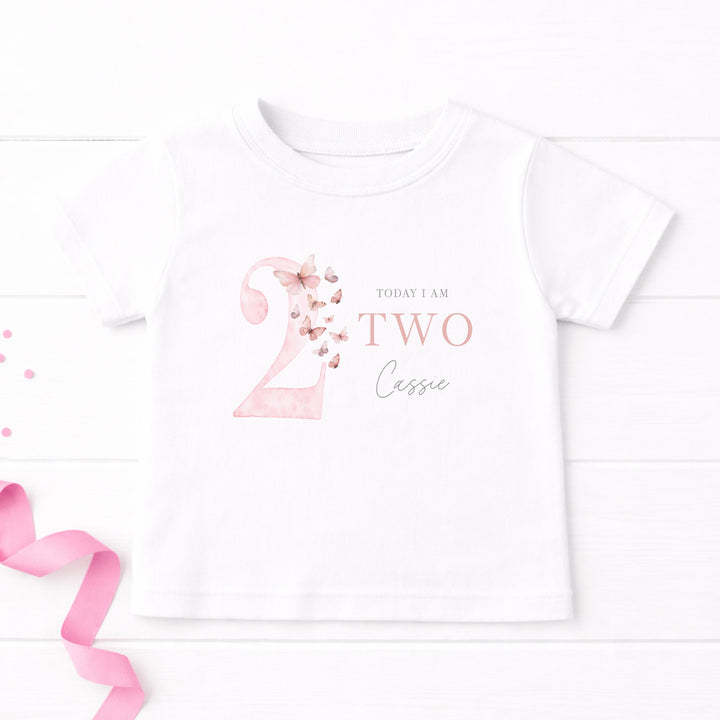 Personalised Pink Butterfly Any Age Birthday T-Shirt