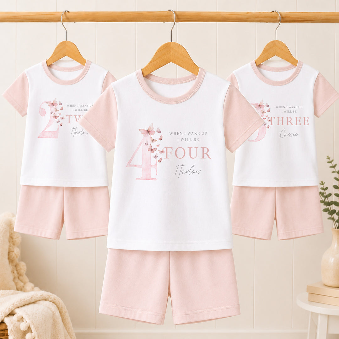 Personalised Pink Butterfly Any Age Short Sleeve Birthday Pyjamas