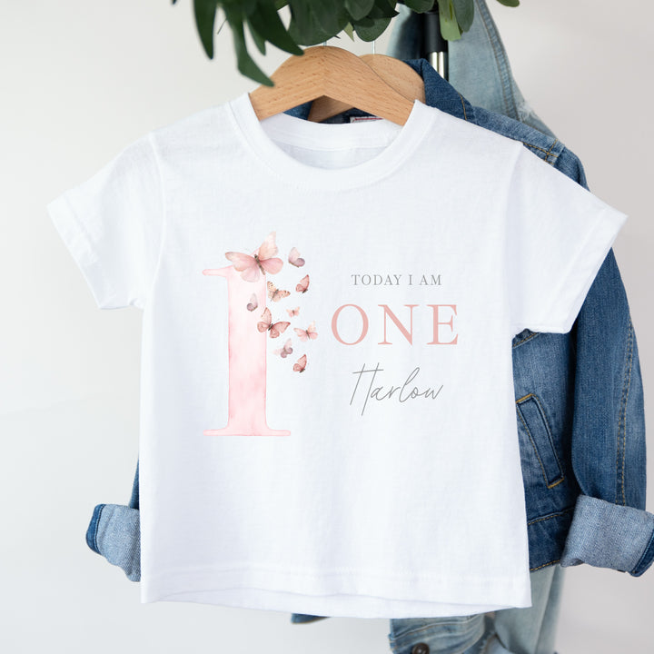 Personalised Pink Butterfly Today I Am One Birthday T-Shirt