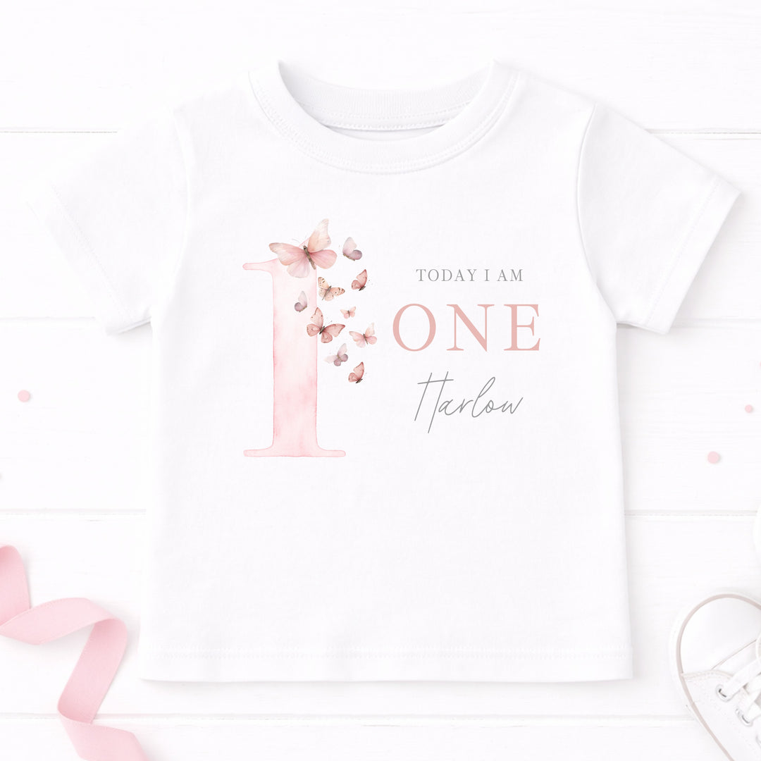 Personalised Pink Butterfly Today I Am One Birthday T-Shirt