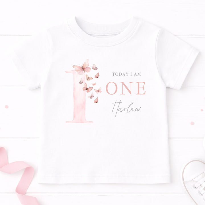Personalised Pink Butterfly Today I Am One Birthday T-Shirt