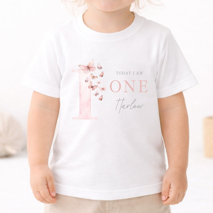Personalised Pink Butterfly Today I Am One Birthday T-Shirt