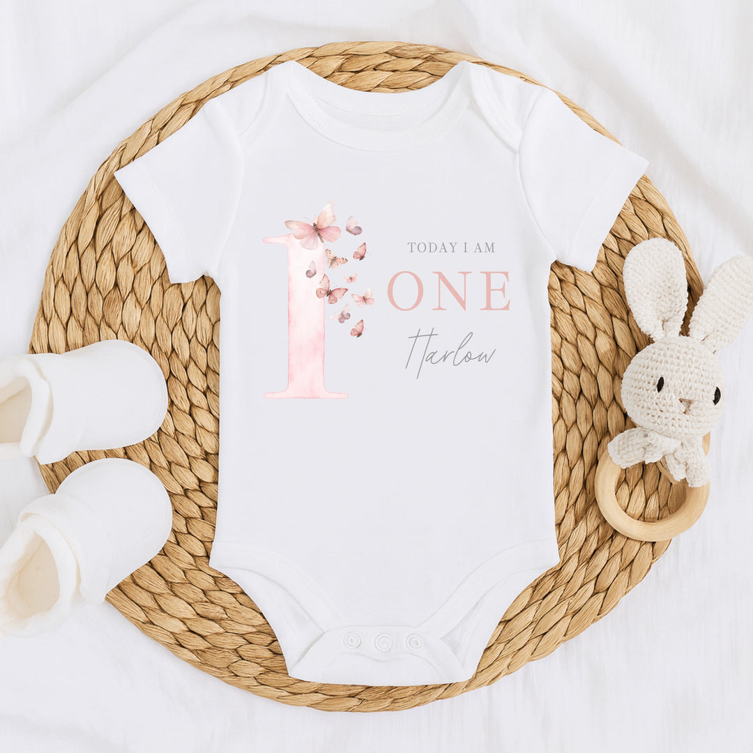 Personalised Pink Butterfly Today I Am One First Birthday Vest