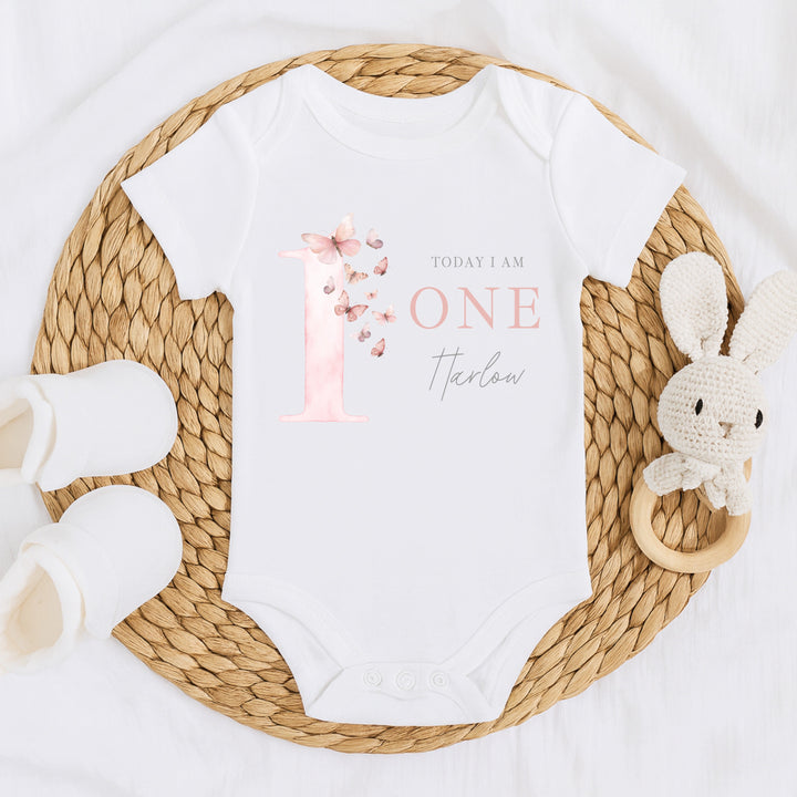 Personalised Pink Butterfly Today I Am One First Birthday Vest