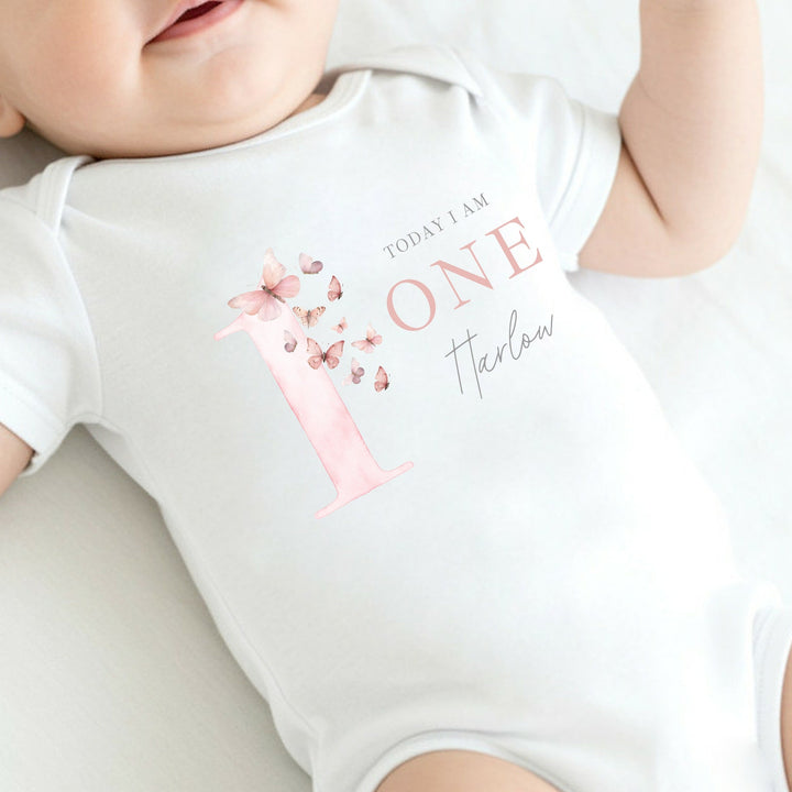Personalised Pink Butterfly Today I Am One First Birthday Vest