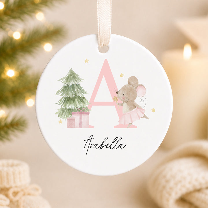 Personalised Pink Mouse Initial Ceramic Christmas Bauble