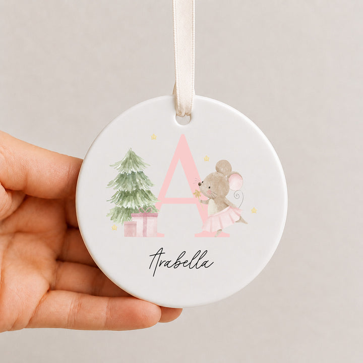 Personalised Pink Mouse Initial Ceramic Christmas Bauble