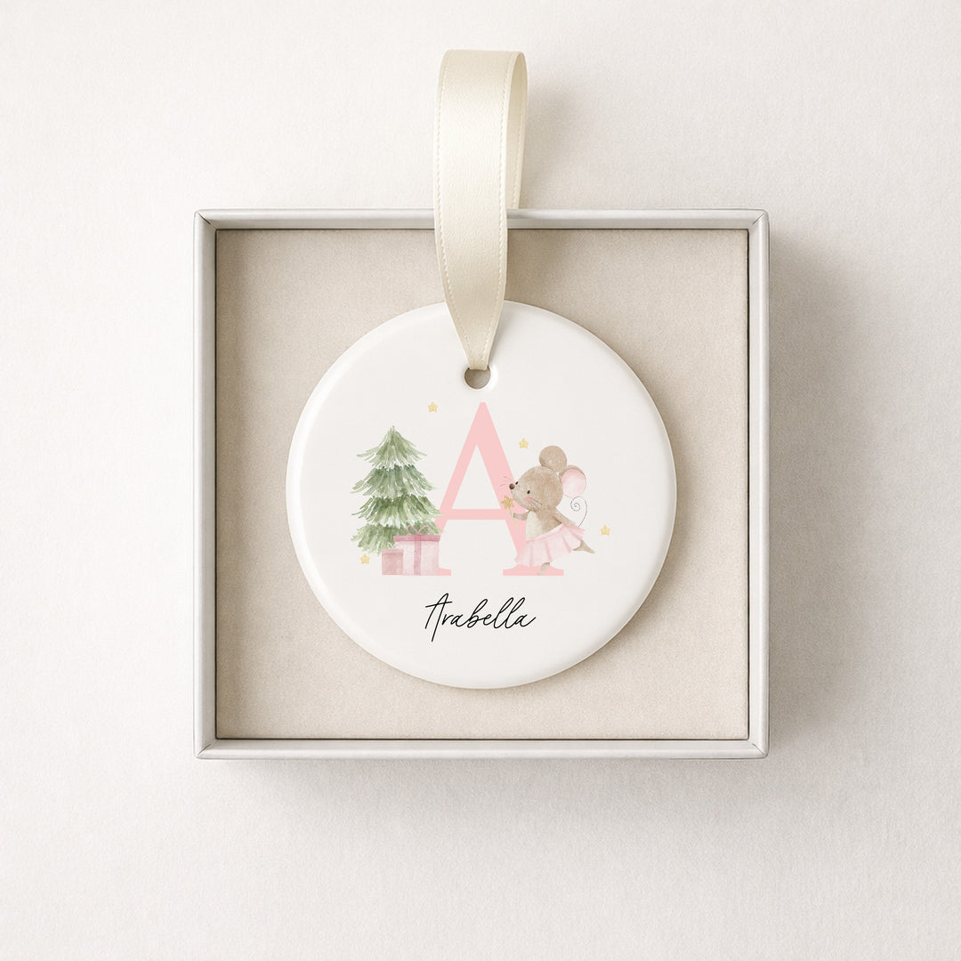 Personalised Pink Mouse Initial Ceramic Christmas Bauble