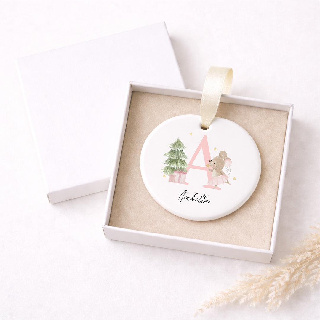 Personalised Pink Mouse Initial Ceramic Christmas Bauble