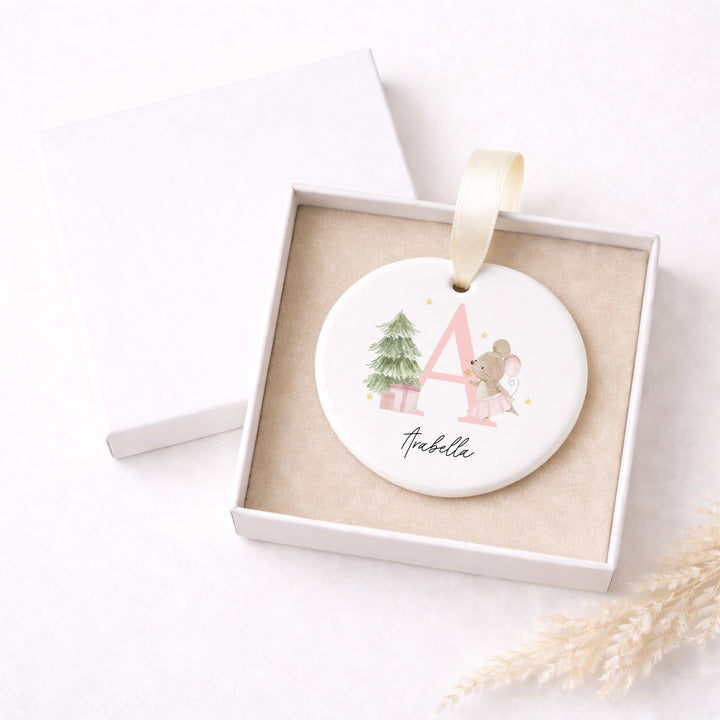 Personalised Pink Mouse Initial Ceramic Christmas Bauble