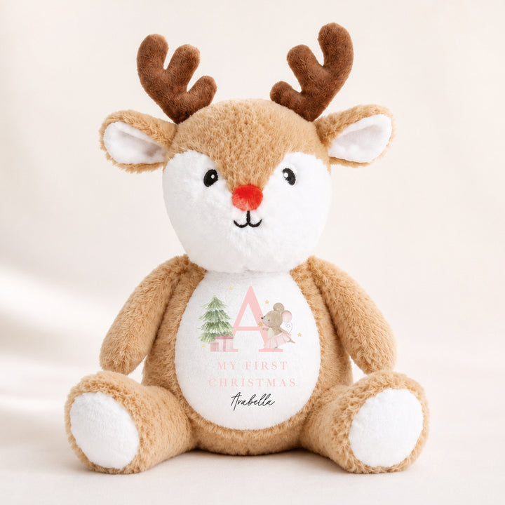 Personalised Pink Mouse Initial My First Christmas Soft Toy