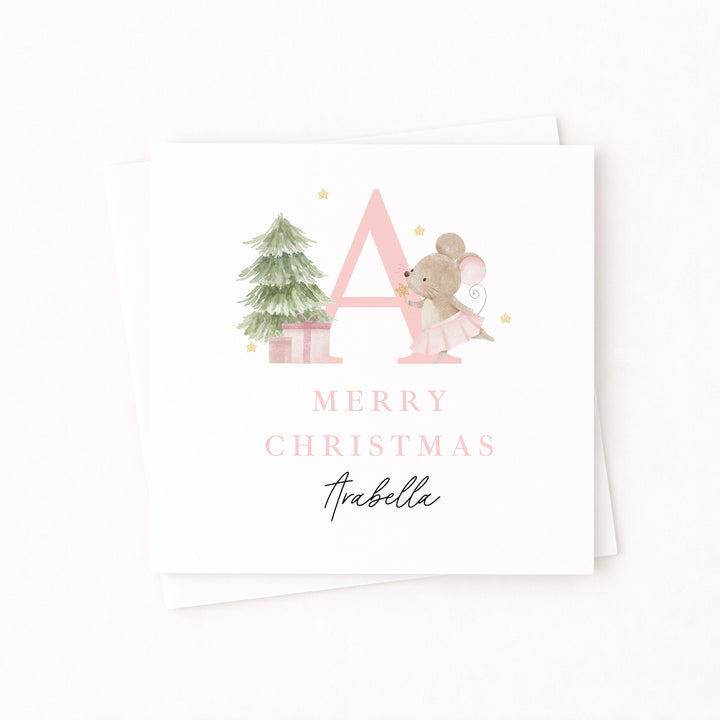 Personalised Pink Mouse Initial Merry Christmas Card