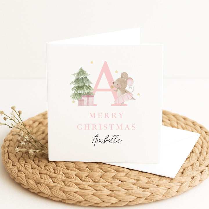 Personalised Pink Mouse Initial Merry Christmas Card