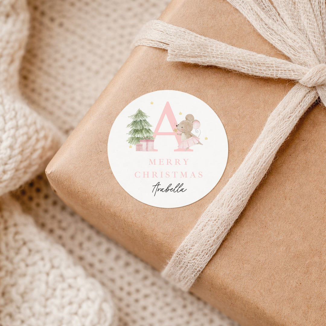 Personalised Pink Mouse Merry Christmas Stickers
