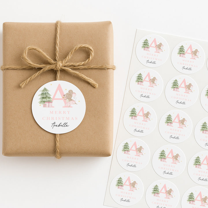 Personalised Pink Mouse Merry Christmas Stickers