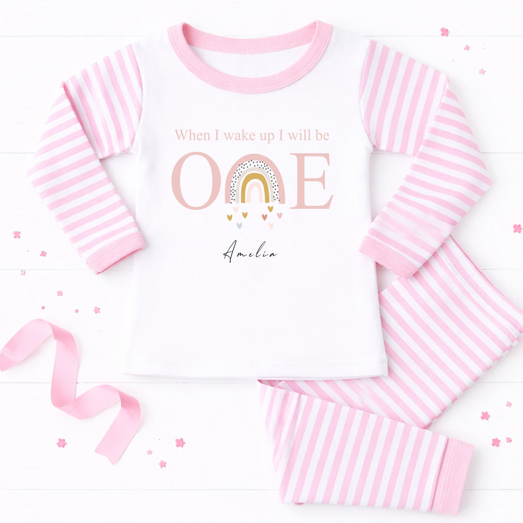Personalised Pink Rainbow When I Wake Up I Will Be One First Birthday Pyjamas