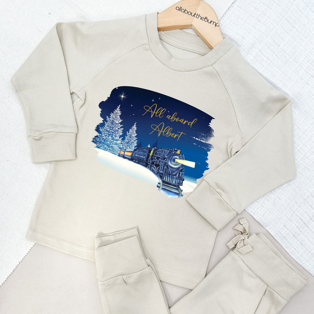 Personalised Christmas Train Lightweight Cotton Tracksuit | Peach Blue Brown Sand