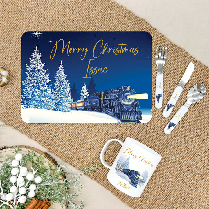 Personalised Festive Train Christmas Place Mat With Optional Cutlery and Mug