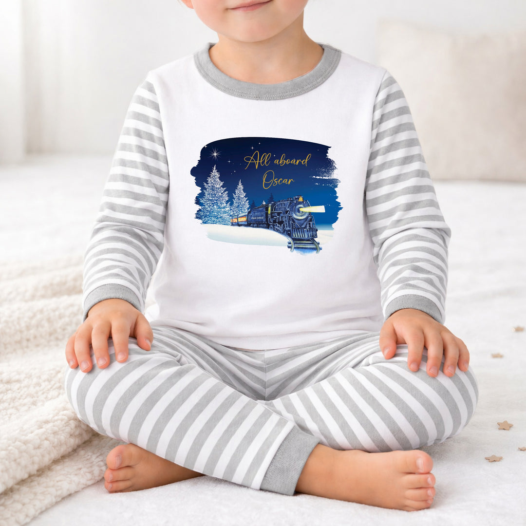 Personalised Festive Train Grey Christmas Pyjamas
