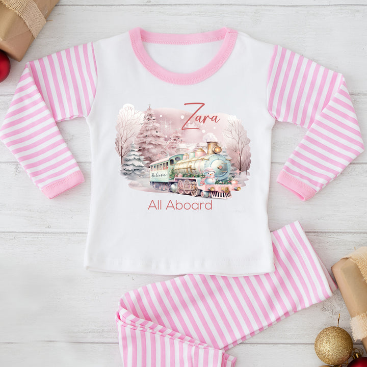 Personalised Pink Train Christmas Pink Stripe Pyjamas