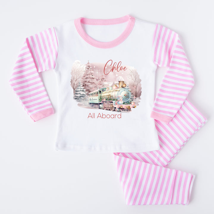 Personalised Pink Train Christmas Pink Stripe Pyjamas