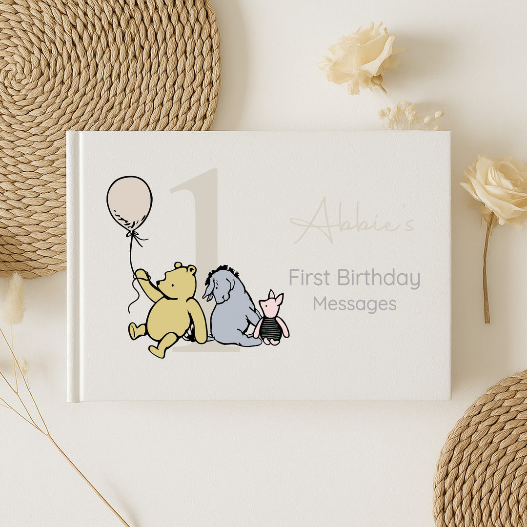 Personalised Beige Pooh Bear First Birthday Party Guest Book