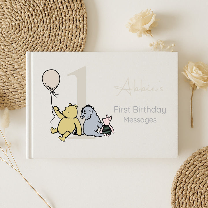 Personalised Beige Pooh Bear First Birthday Party Guest Book
