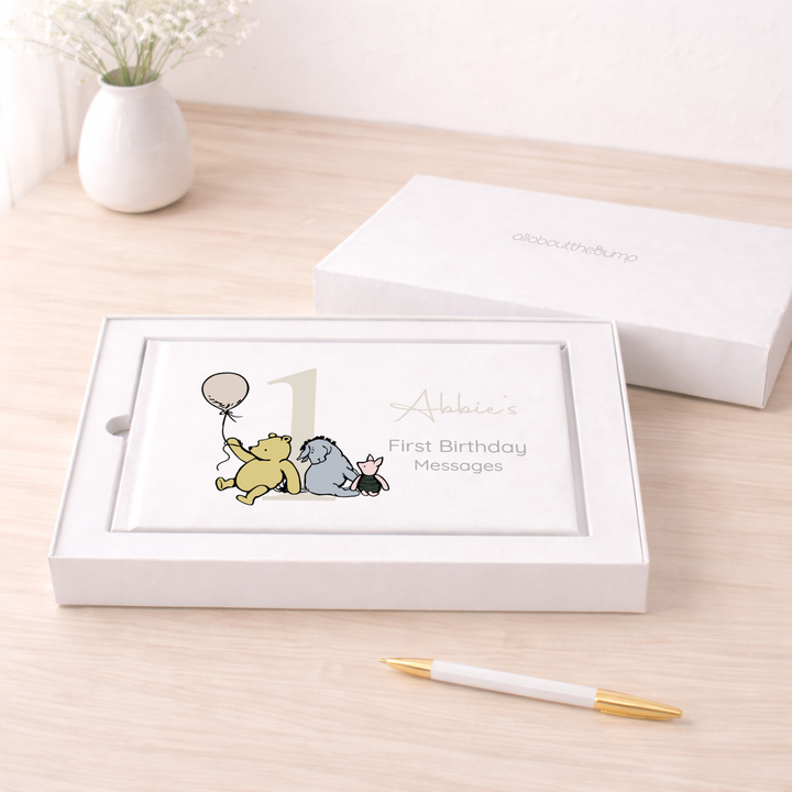 Personalised Beige Pooh Bear First Birthday Party Guest Book