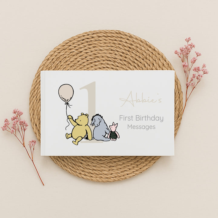Personalised Beige Pooh Bear First Birthday Party Guest Book