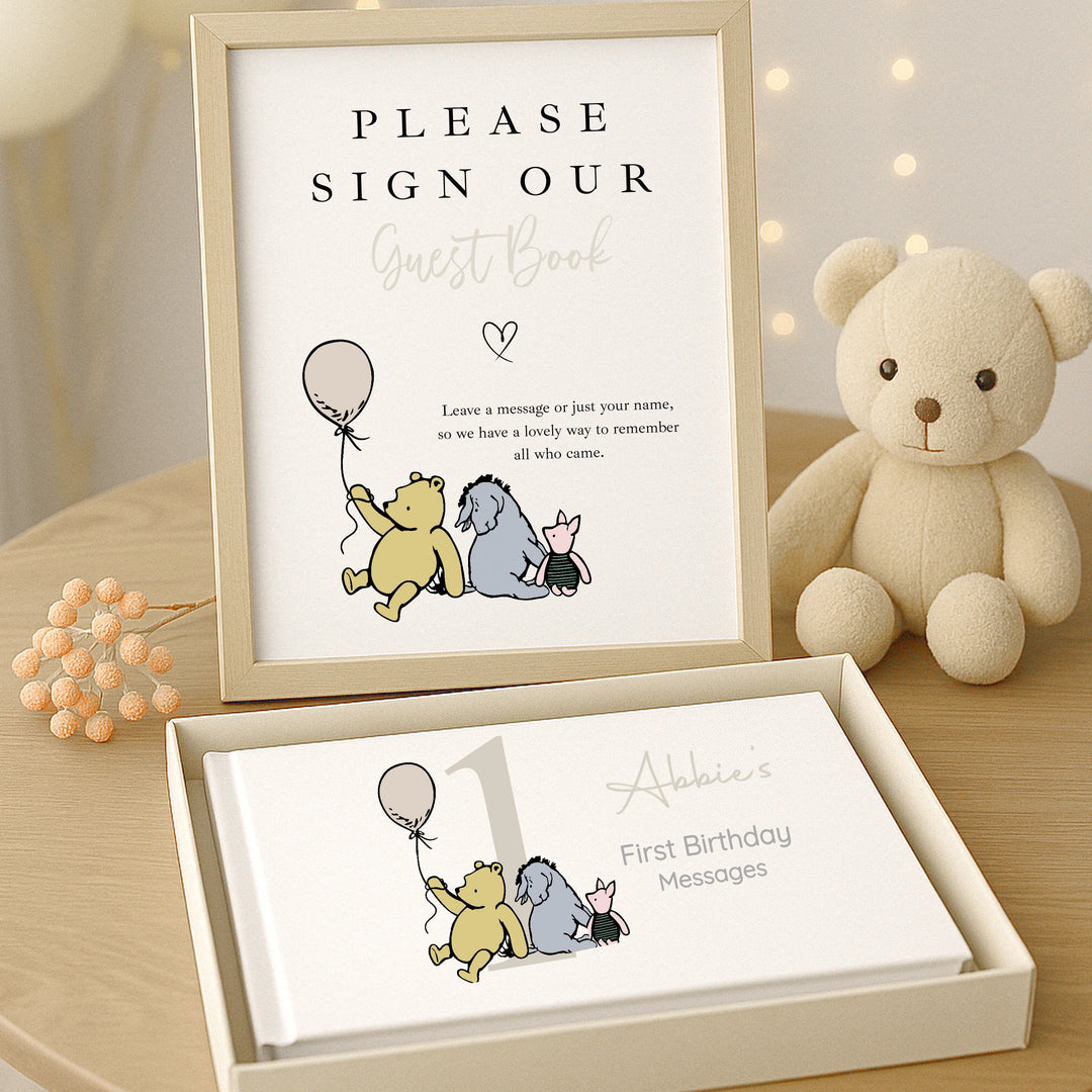 Personalised Beige Pooh Bear First Birthday Party Guest Book