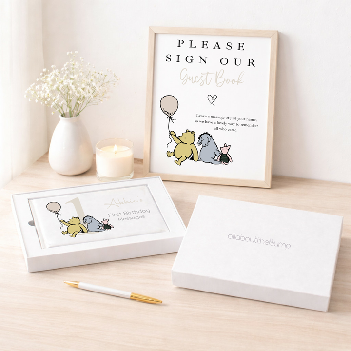 Personalised Beige Pooh Bear First Birthday Party Guest Book