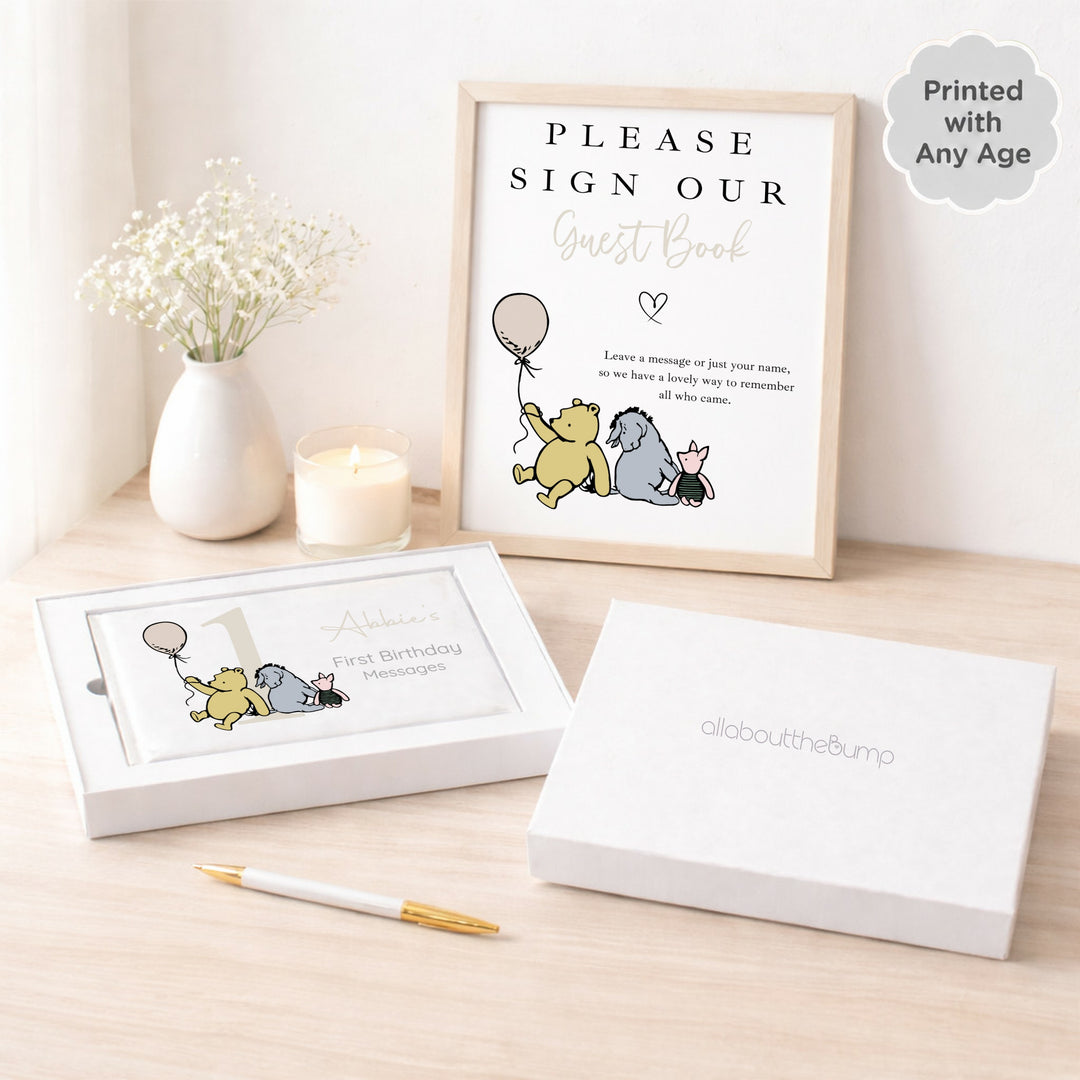 Personalised Beige Pooh Bear Any Age Birthday Party Guest Book