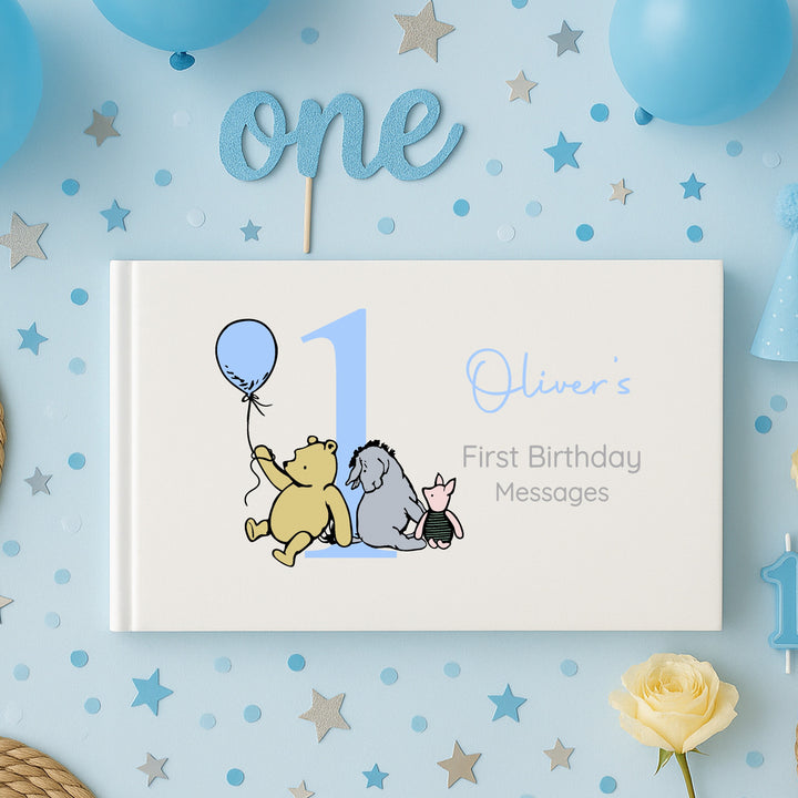 Personalised Blue Pooh Bear First Birthday Party Guest Book
